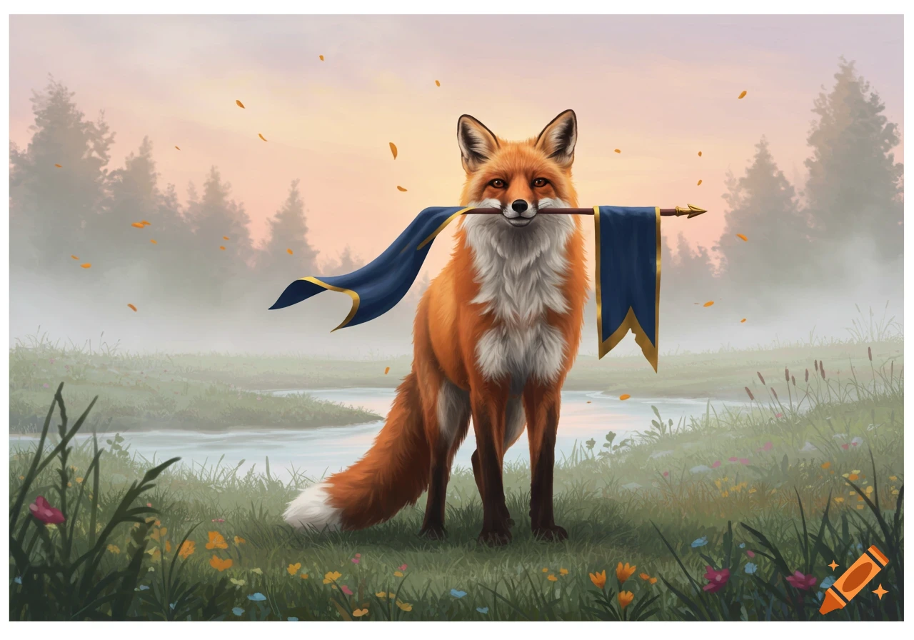 A red fox stands in a grassy meadow by a river with a forest background, holding a blue and gold banner in its mouth.