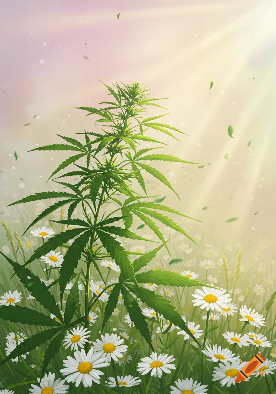 A vibrant cannabis plant stands tall amidst a field of white daisies, bathed in warm sunlight under a pastel sky.
