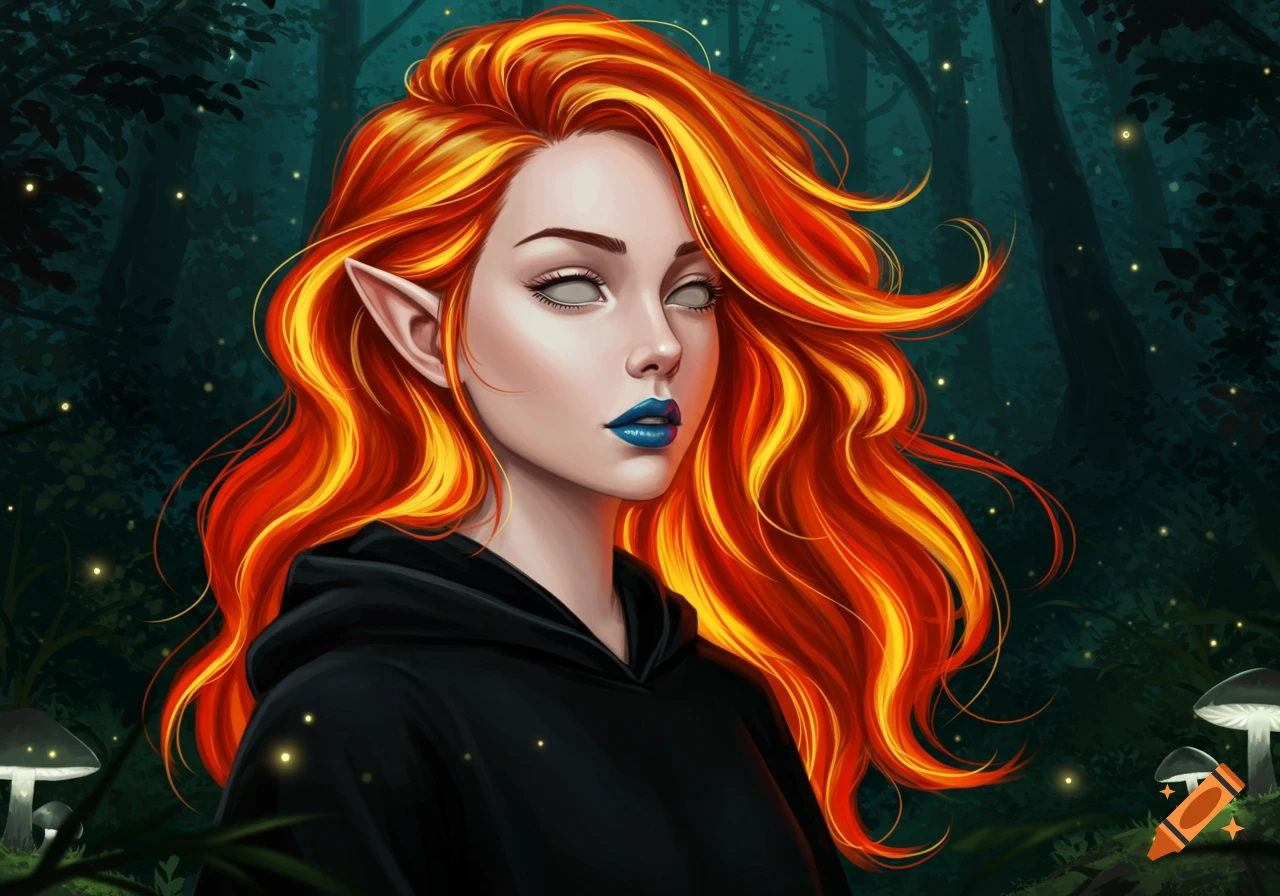 Digital art of an elf girl with fiery red and orange hair, blue lips, and white eyes, wearing a black hoodie in a dark, mystical forest.