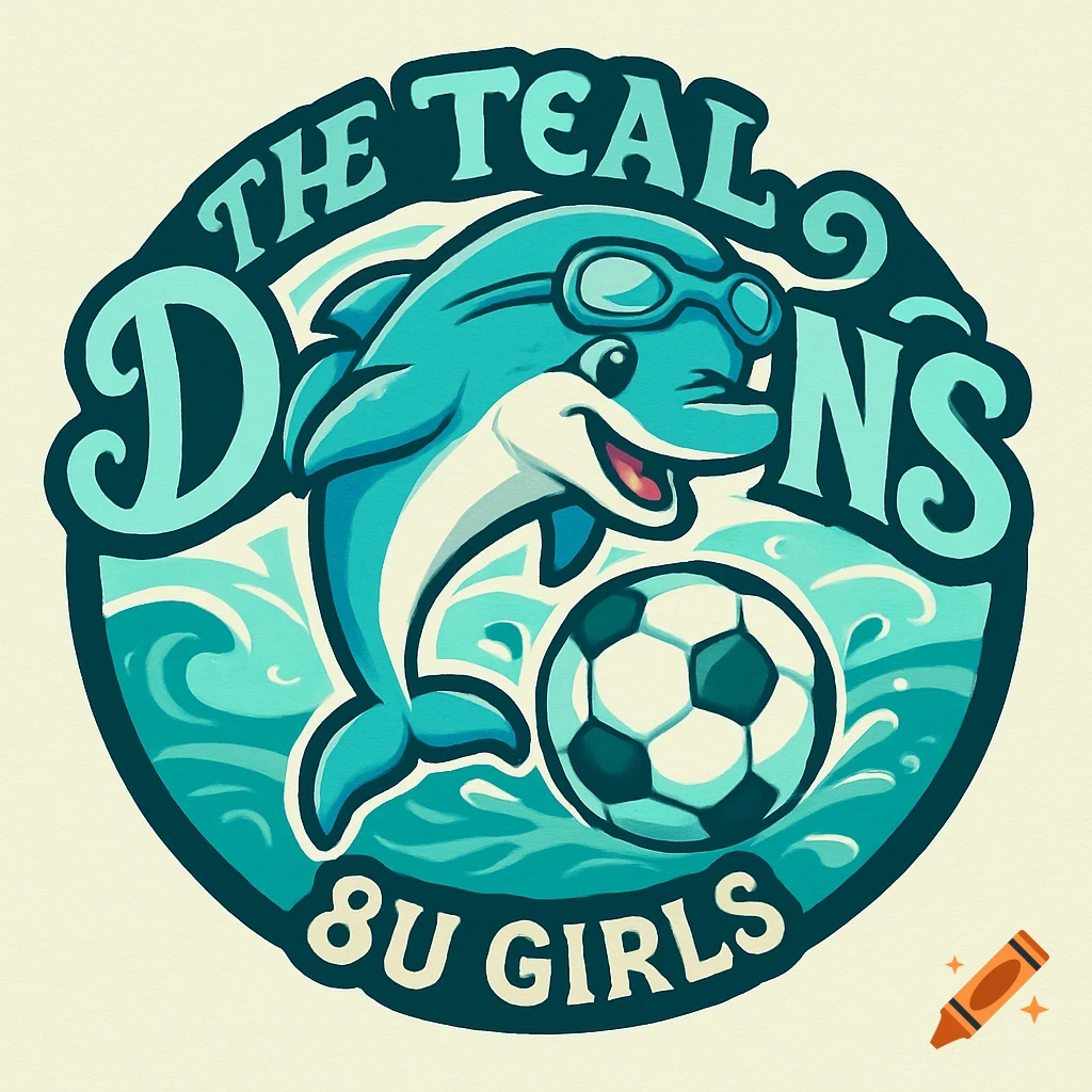A vibrant cartoon logo of a teal dolphin wearing goggles jumping over a soccer ball amidst waves, with text 'THE TEAL DOLPHINS 8U GIRLS'.