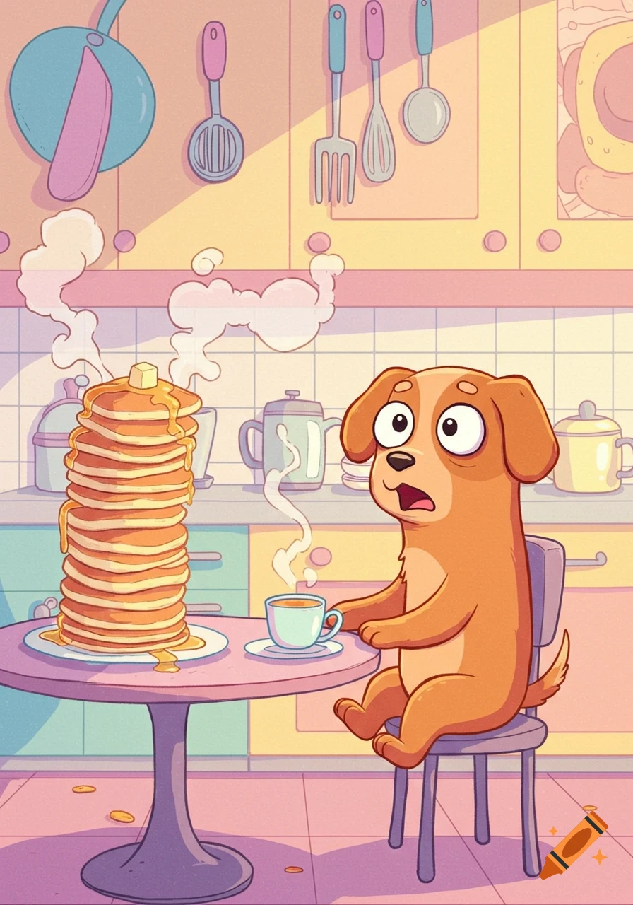 A cartoon dog sits at a kitchen table, wide-eyed at a giant stack of pancakes and a cup of coffee. Illustration.