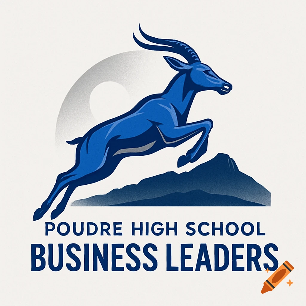 A royal blue impala leaps over blue mountains, with a grey arch in the background, above the text 'POUDRE HIGH SCHOOL BUSINESS LEADERS'.