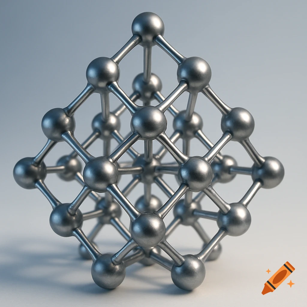 Photorealistic silvery metallic molecular lattice structure against a light background.
