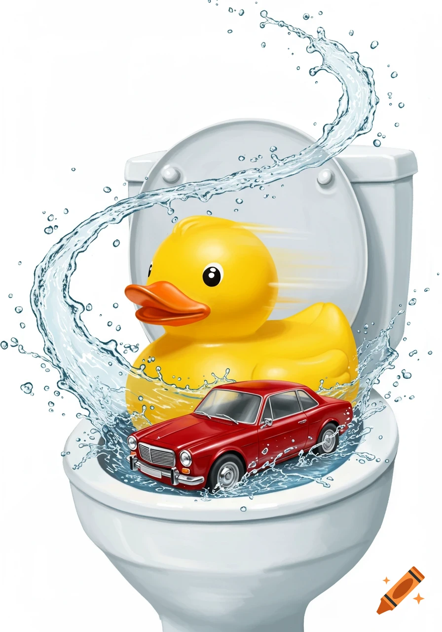 A yellow rubber duck and a red classic car are inside a flushing toilet with water splashing.