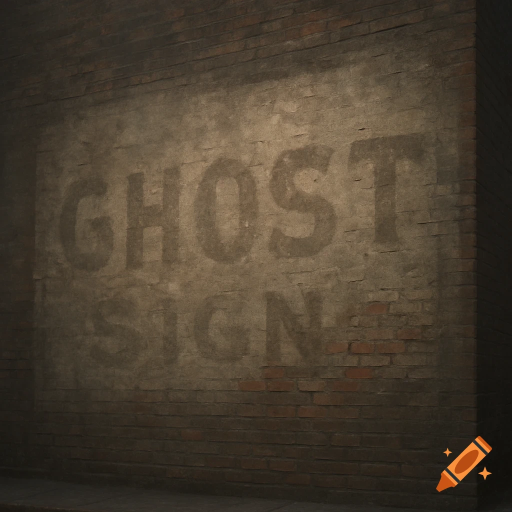 A faded 'GHOST SIGN' painted on a weathered brick wall.