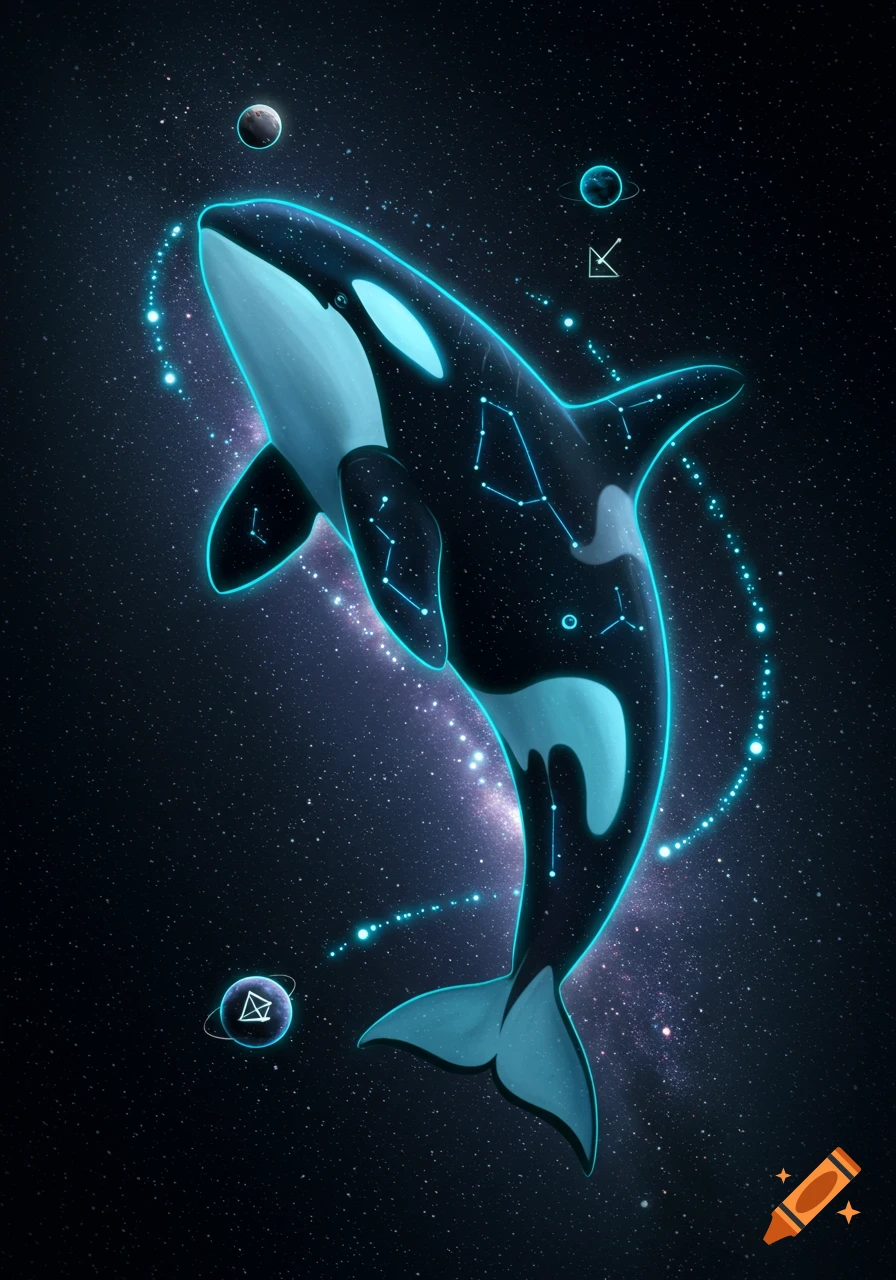 A stylized killer whale glows with blue light and geometric constellation patterns, floating in a dark cosmic space with planets and stars.
