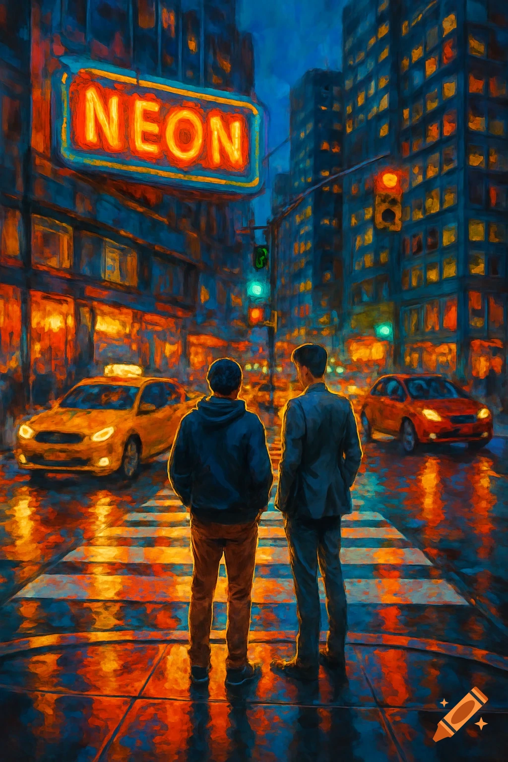 Impressionistic painting of two men on a city crosswalk at night with cars and a bright neon 'NEON' sign, reflected on wet street.