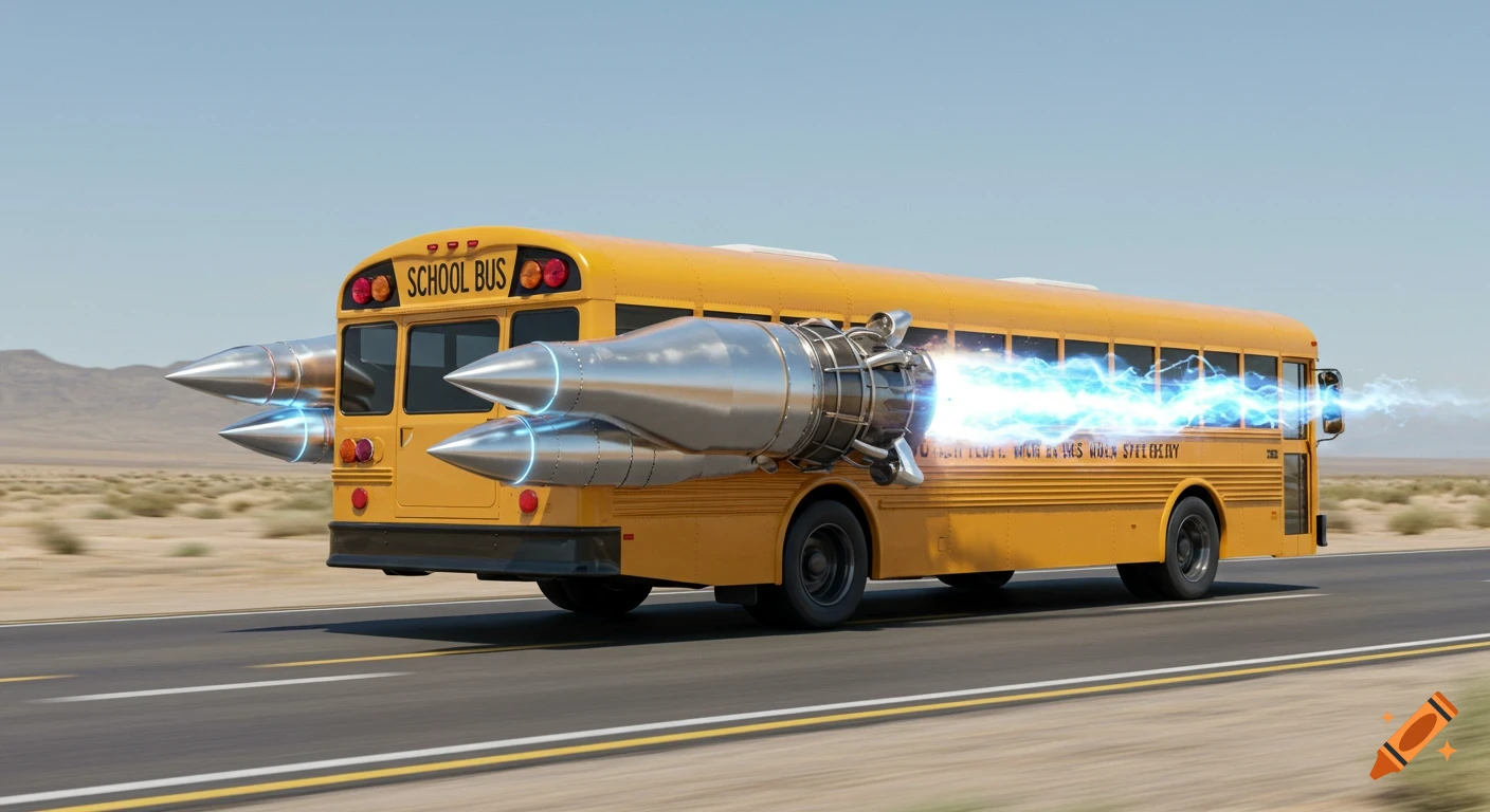 A yellow school bus with large rocket engines attached to its side, speeding down a desert road under a clear sky.