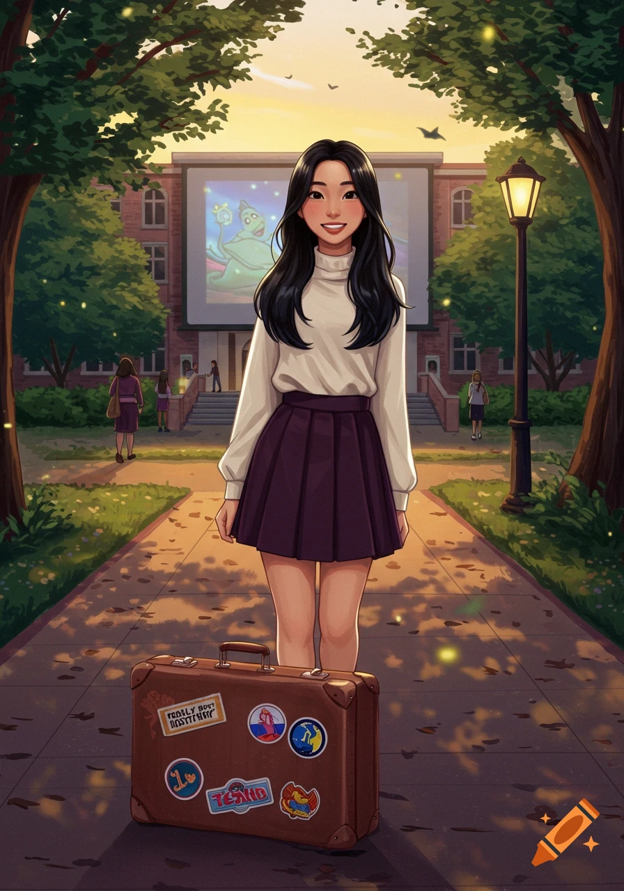 Smiling young woman on a college path with a sticker-covered suitcase, a building with a projected movie in the background. Anime style.