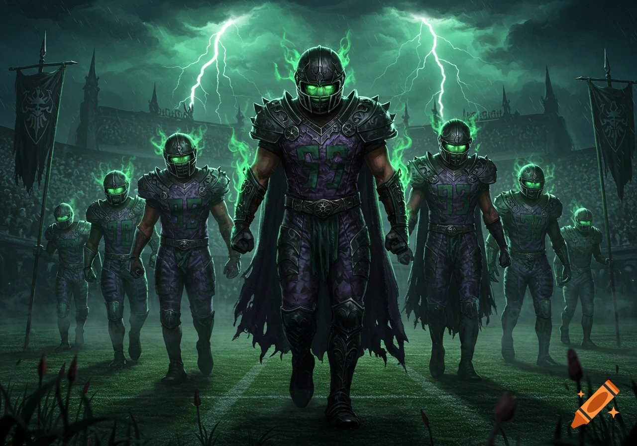 A dark fantasy football team with glowing green eyes and armor, illuminated by green lightning, walks onto a field.