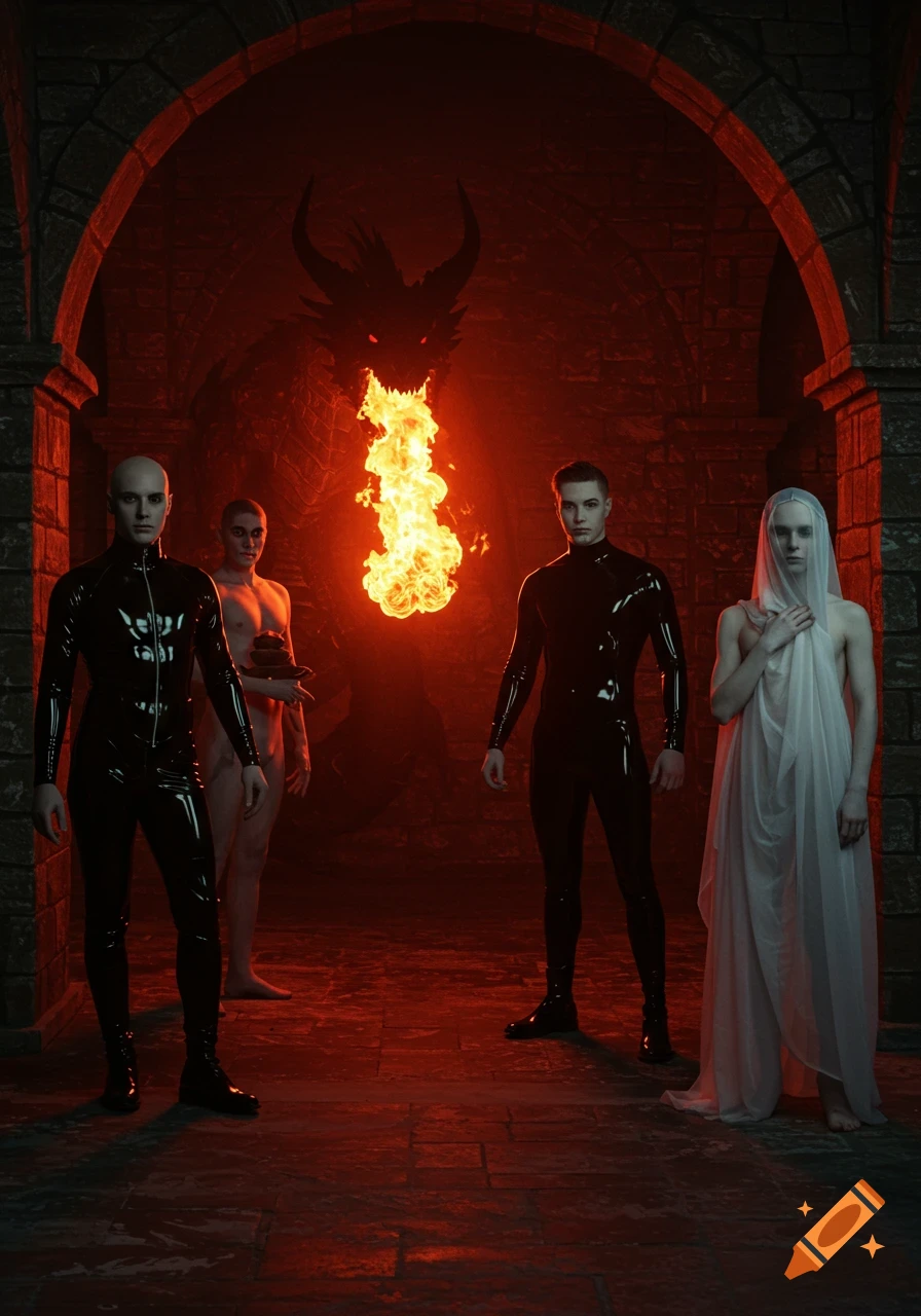 Four figures stand in a dark, arched stone chamber before a fire-breathing dragon silhouette.
