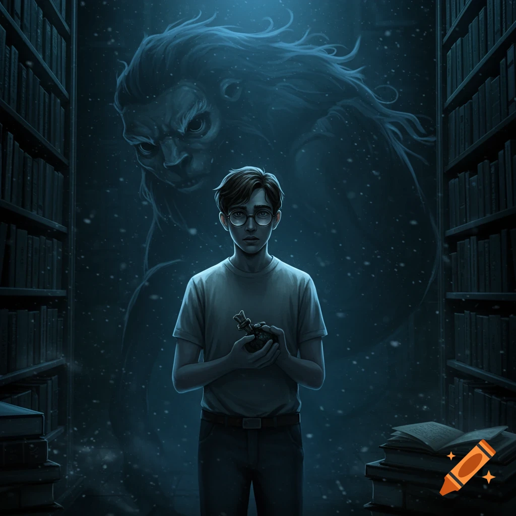 A young man with glasses holding a relic stands in a dark library with a giant shadowy monster behind him. Dark fantasy digital art.