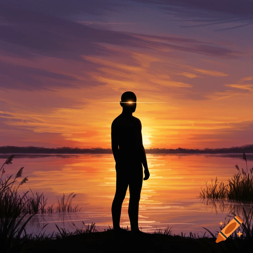Silhouette of a person with a glowing head standing by a lake at a vibrant sunset, digital art.