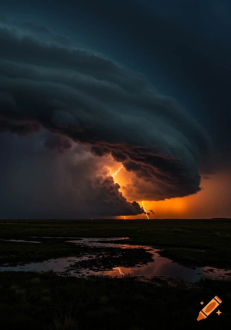 Dramatic supercell thunderstorm with powerful lightning strikes illuminating dark clouds and an orange sky over a marshy landscape at dusk.