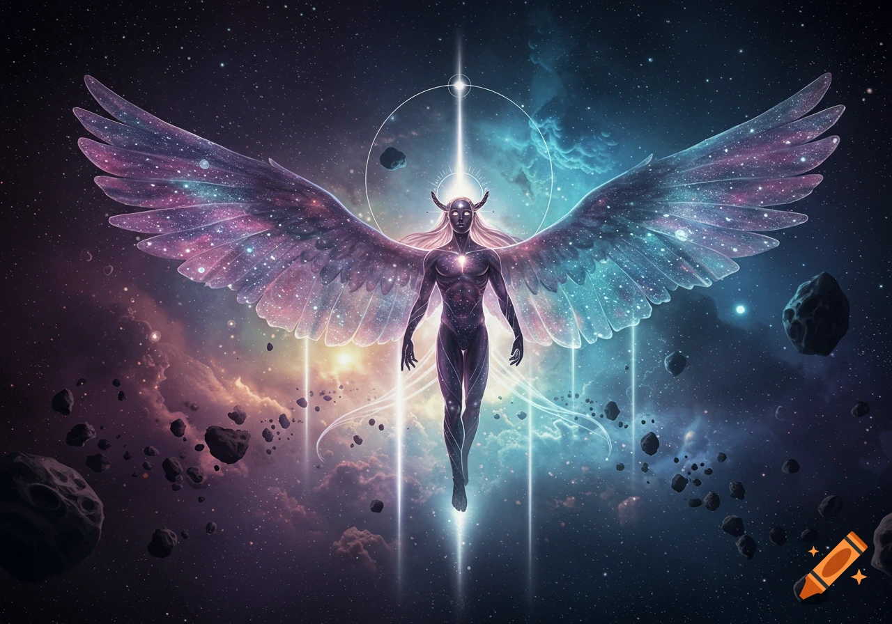 Cosmic winged humanoid figure with glowing eyes and horns floats in a starry galaxy with nebulas and asteroids.
