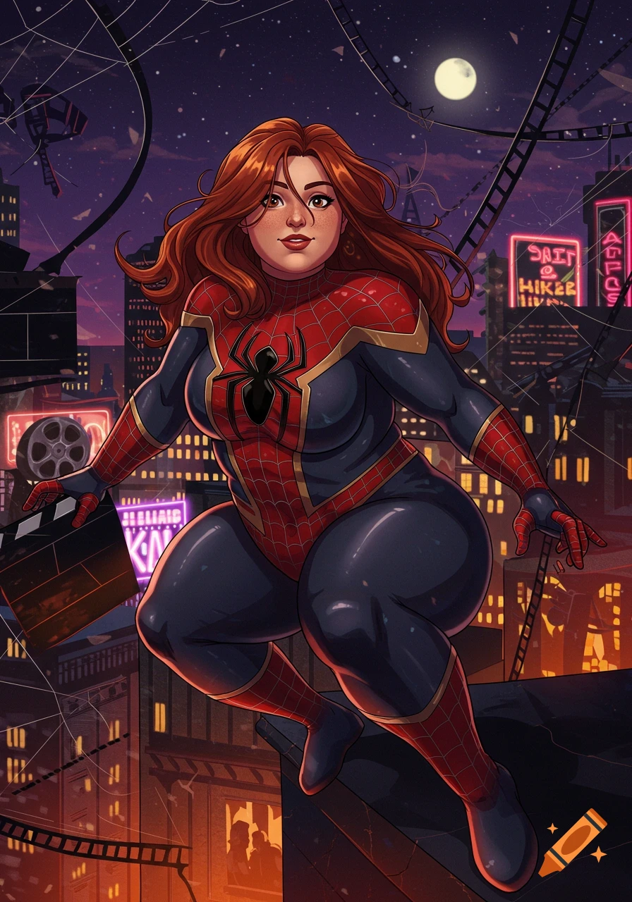 A plus-size Spider-Woman with auburn hair and brown eyes poses on a rooftop at night, holding a clapperboard in anime style.