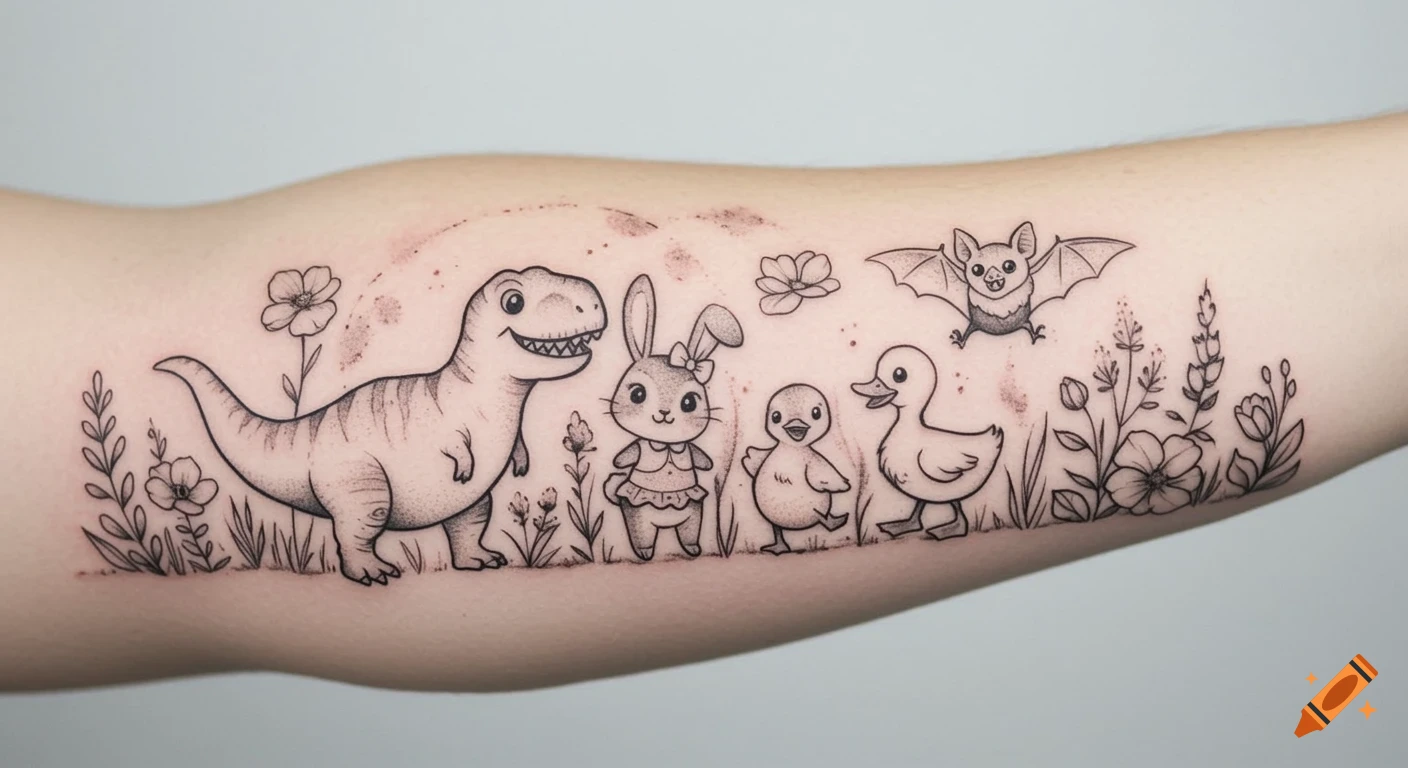 Black and grey tattoo on an inner forearm featuring cartoon dinosaur, bunny, two ducklings, and a bat among wildflowers.