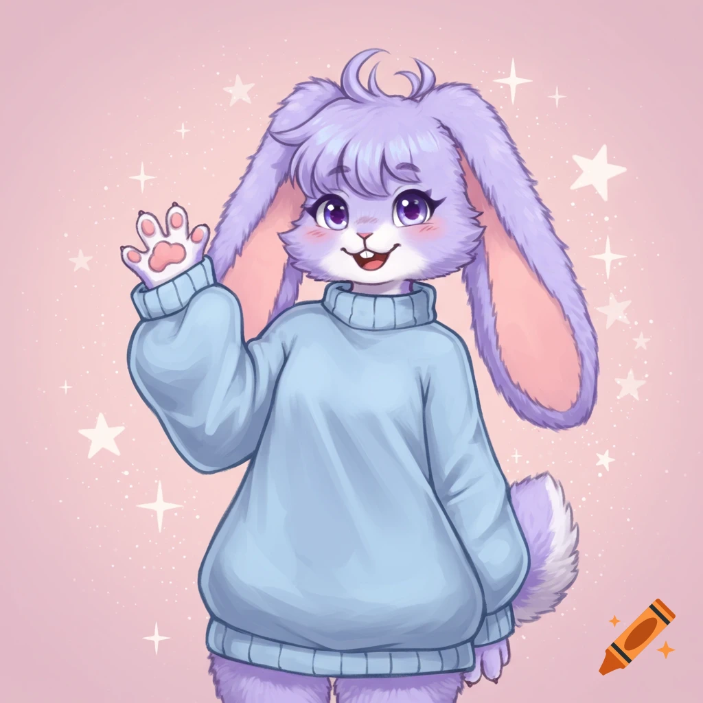 Cute cartoon lavender lop bunny fursona girl in a blue sweater waving, on a pastel pink background with stars.