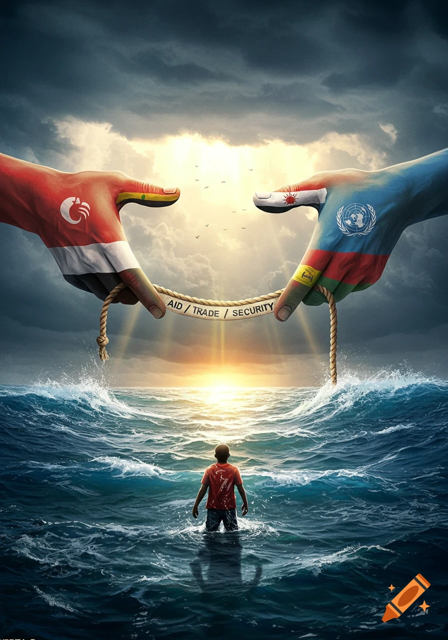 Two giant hands with flags hold a rope labeled 'AID / TRADE / SECURITY' above a person in rough water at sunset.