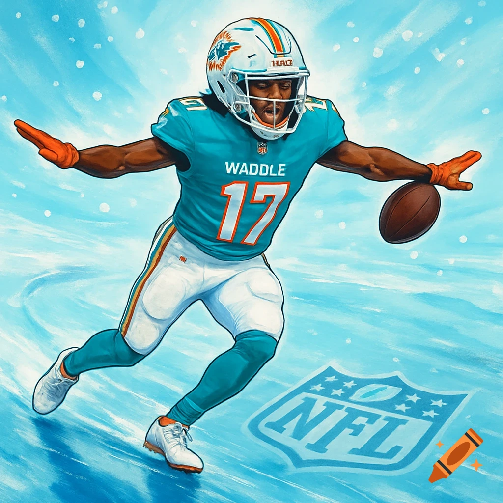 An illustration of Miami Dolphins football player Jaylen Waddle in a teal and white uniform, holding a football, against a light blue, icy background with an NFL logo.
