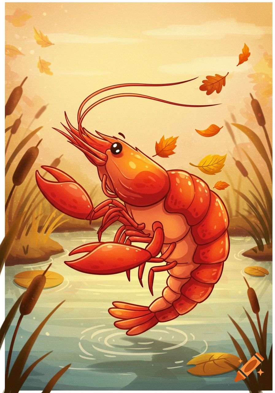 Cartoon illustration of an orange crawfish with large eyes, surrounded by falling autumn leaves in a pond with reeds.
