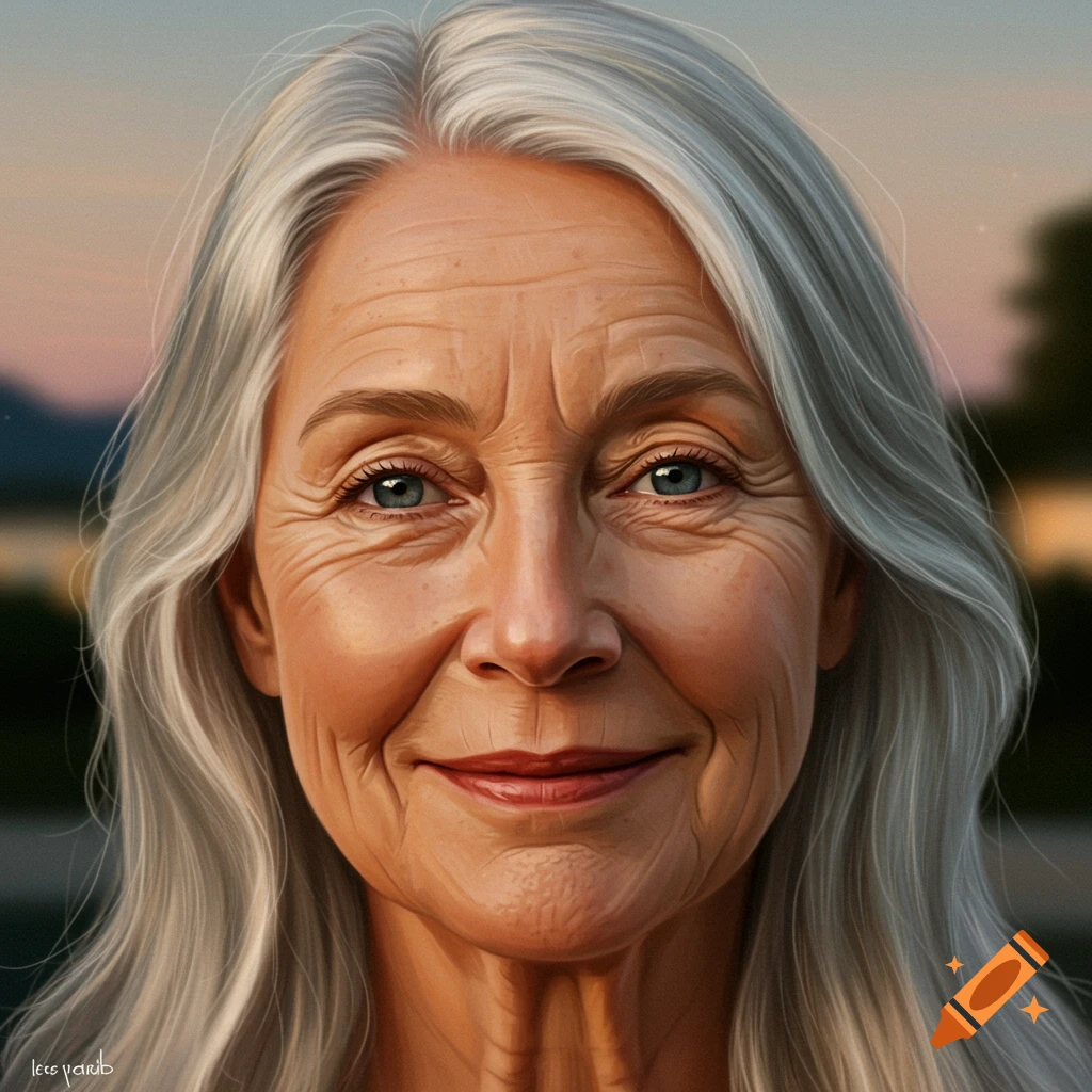 Close-up photorealistic portrait of a smiling older woman with grey hair and blue eyes, against a blurred outdoor background.