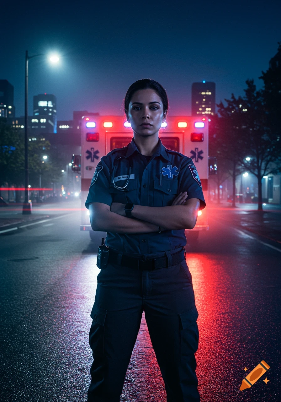 A female EMT stands with arms crossed in front of an ambulance at night, with city lights illuminating the wet street.