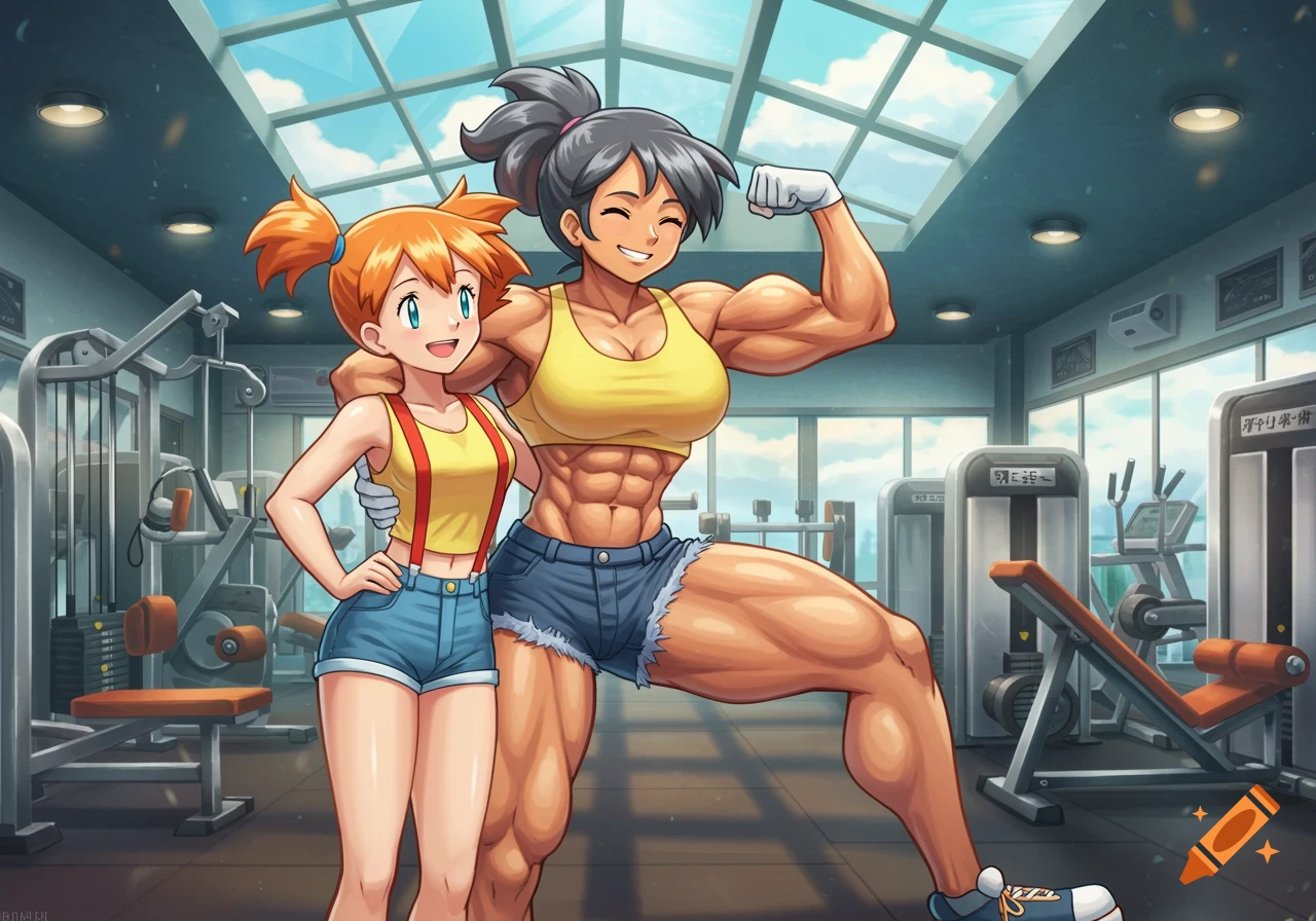 Misty from Pokémon smiles with her muscular mother at a gym, with her mother flexing her arm. Both are in an anime art style.
