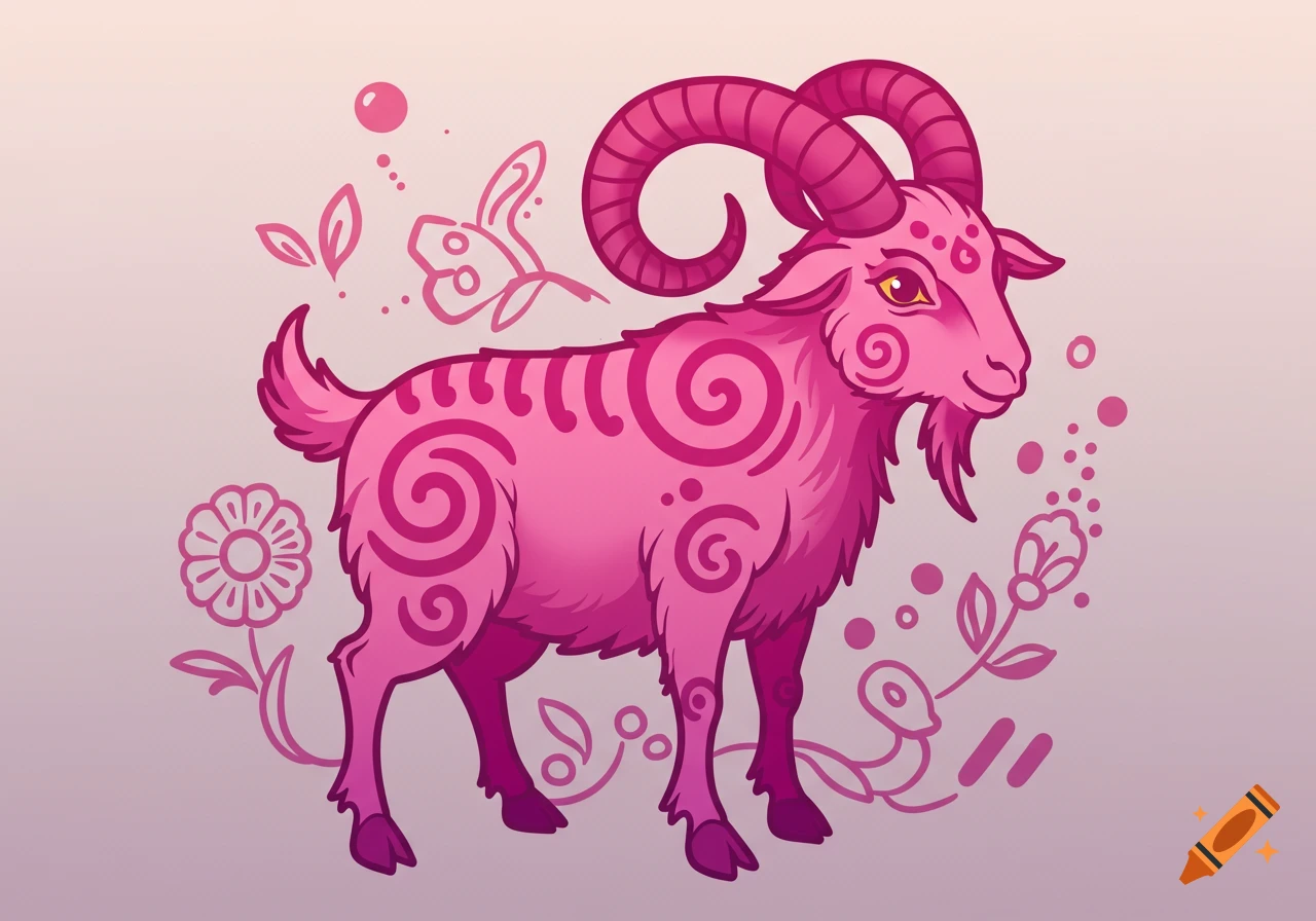 A stylized pink goat with dark pink spiral patterns stands amidst decorative floral elements, in a traditional tattoo art style.
