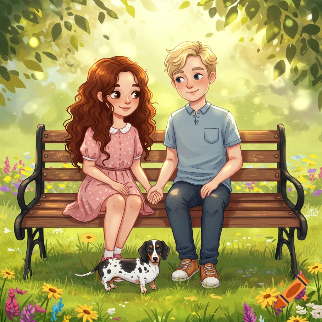 A cartoon couple with a dachshund sitting on a park bench surrounded by flowers and trees.