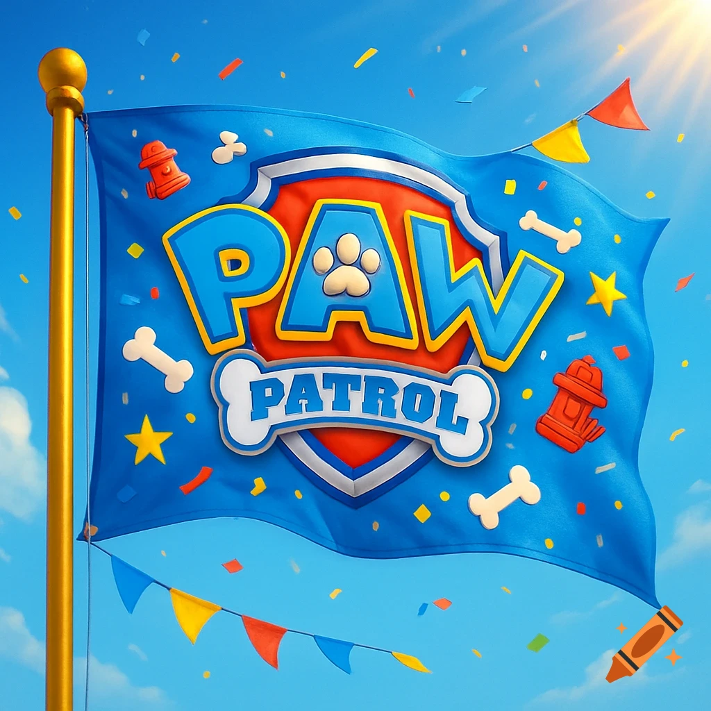 A vibrant blue Paw Patrol flag featuring the logo, bones, fire hydrants, and confetti against a sunny blue sky.
