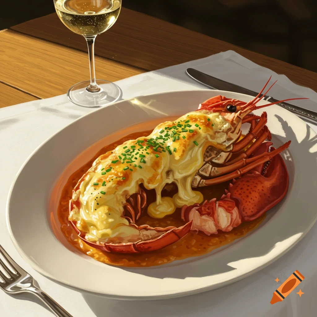 Close-up of a perfectly cooked lobster thermidor dish on a white plate, served with a glass of white wine on a wooden table. Photorealistic style.
