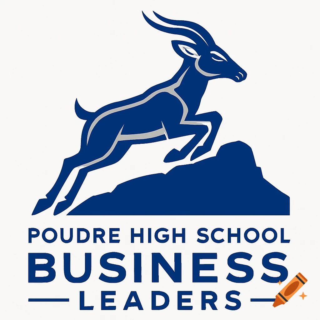 A royal blue and silver logo featuring an impala leaping over a rock, with text 'Poudre High School Business Leaders'.
