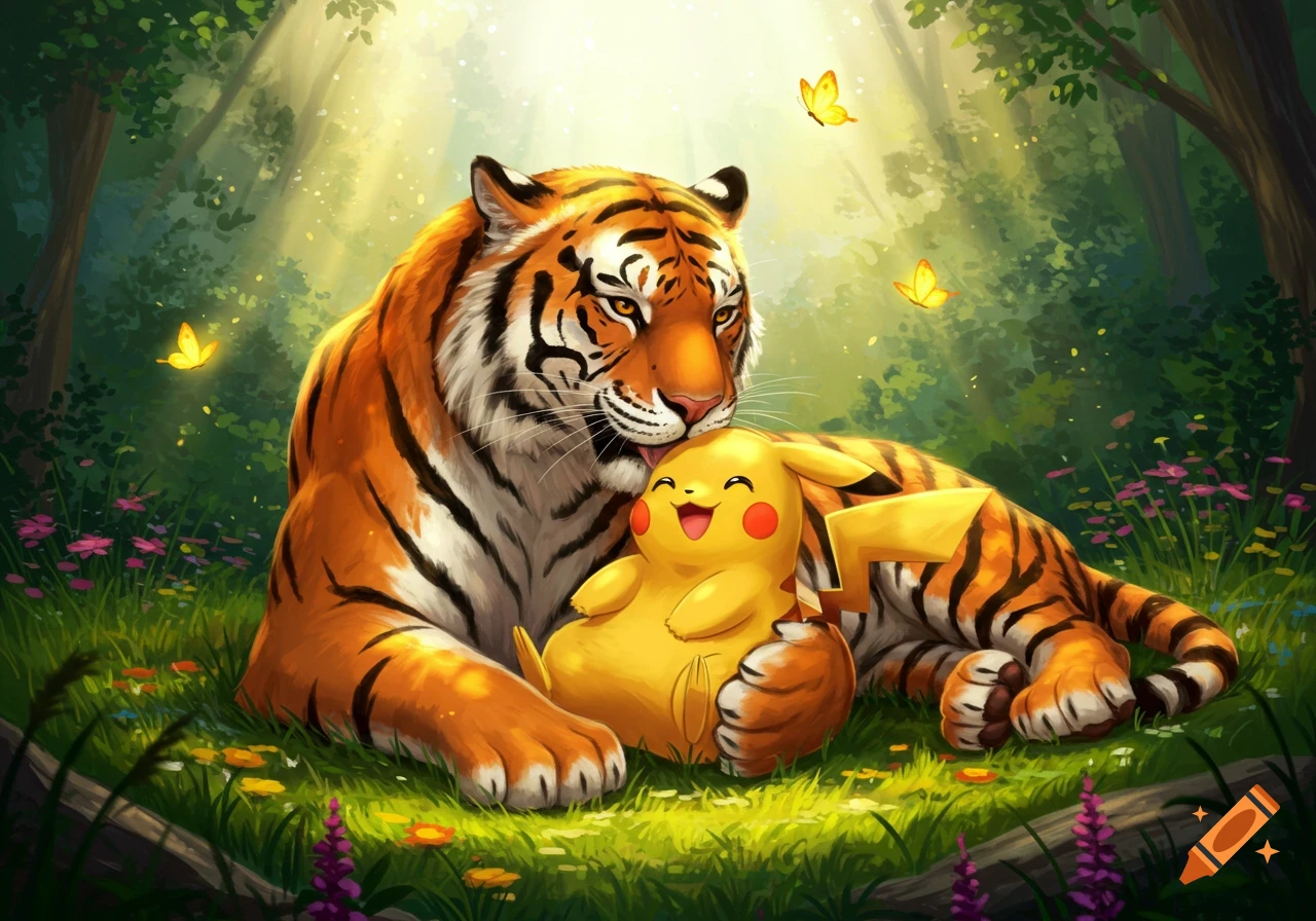 A vibrant illustration of a tiger gently licking a happy Pikachu in a sunny, flower-filled forest.