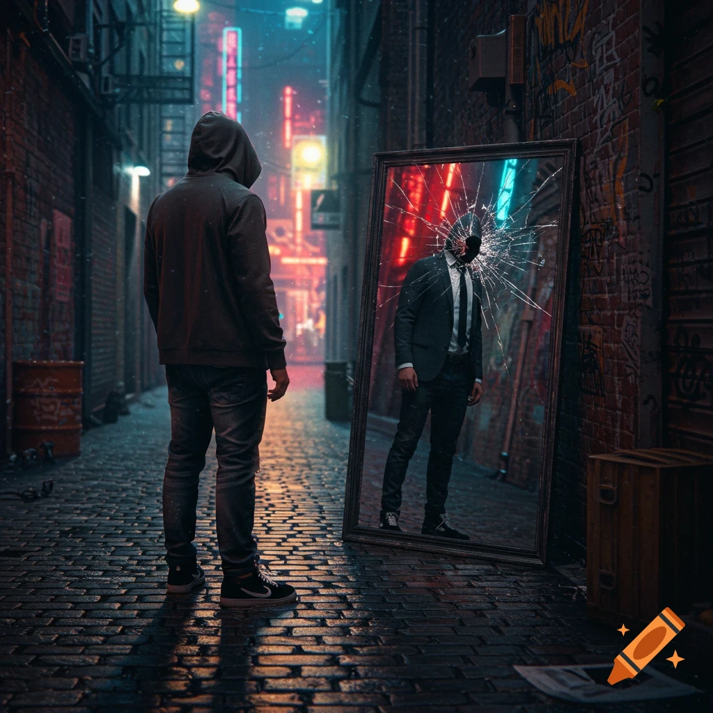 Man in hoodie in a neon-lit alley sees his reflection as a faceless man in a suit in a shattered mirror.