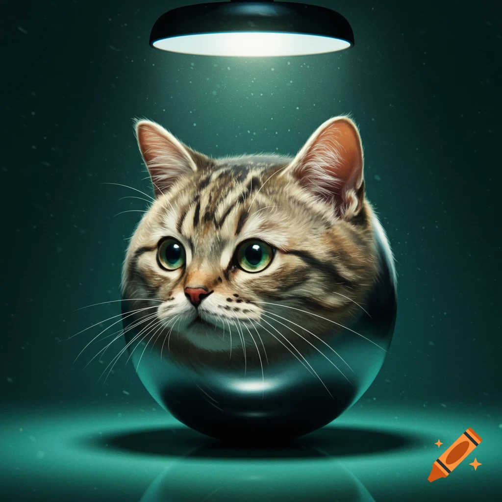 Realistic image of a tabby cat's head emerging from a shiny metallic sphere, illuminated by an overhead light against a dark teal background.
