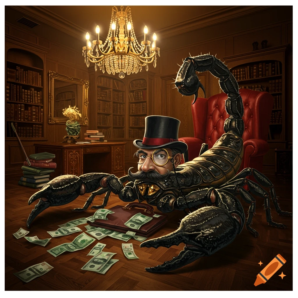 An anthropomorphic scorpion in a top hat and monocle stands in a luxurious study, surrounded by scattered money.