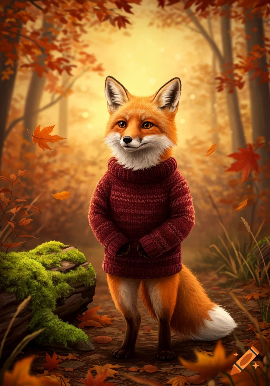 An anthropomorphic fox wearing a red turtleneck sweater stands in a sunlit autumn forest with falling leaves.