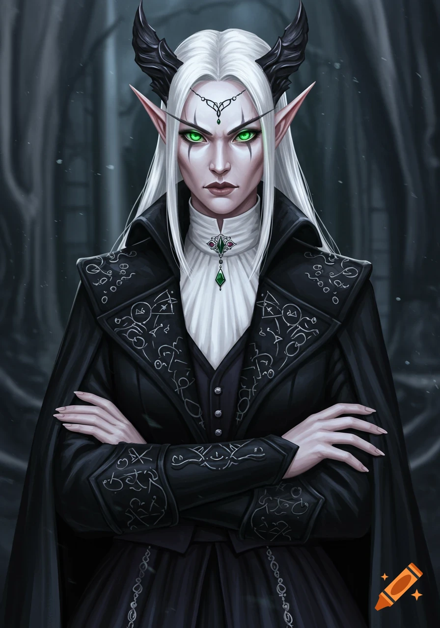 A pale-skinned female elf with white hair, black horns, and glowing green eyes wears a black coat with mystical embroidery over a white shirt, set in a dark forest.