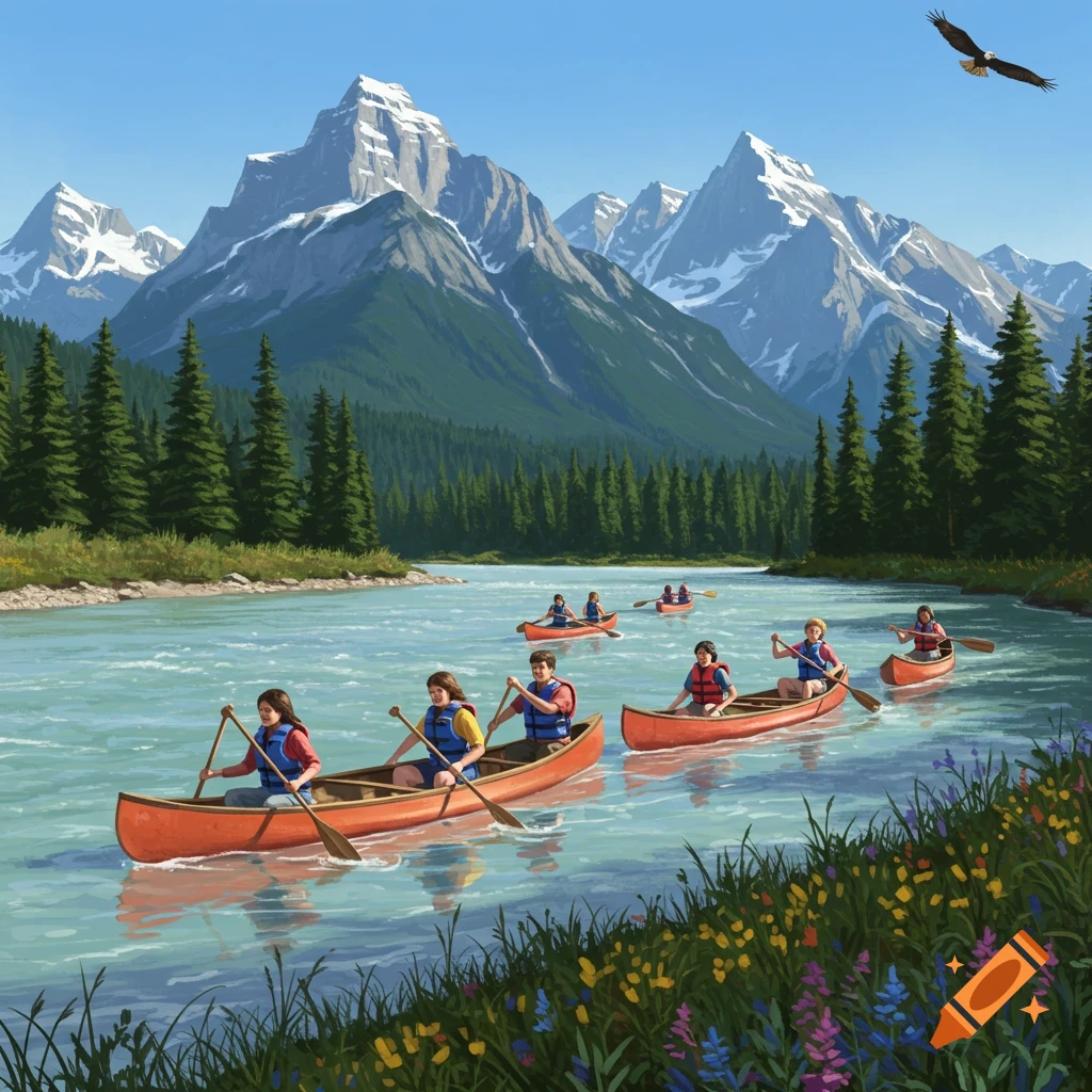 Students canoe on a scenic river with snow-capped mountains, pine forests, and a bald eagle flying above.