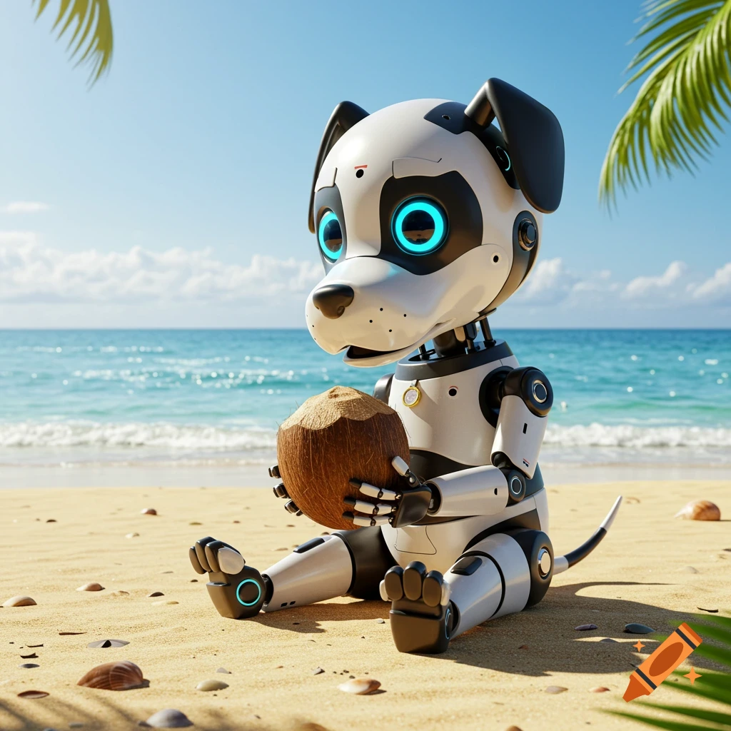 A cute robot dog with black and white fur and glowing blue eyes sits on a sandy beach, holding a coconut. A blue ocean is in the background.