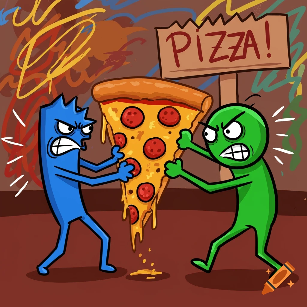 A blue stick-figure-like character and a green stick-figure-like character fiercely fight over a large slice of pepperoni pizza. A sign above them reads "PIZZA!".