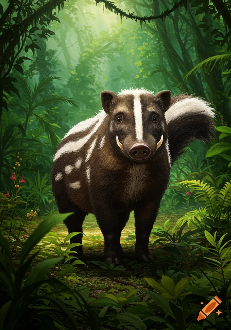 A realistic illustration of a brown wild boar skunk hybrid with white stripes and tusks, standing in a lush green jungle.