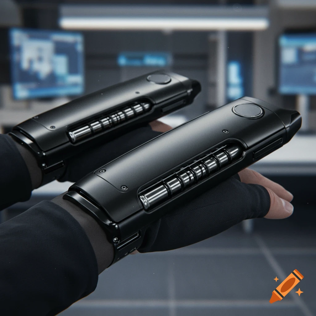 Sleek matte black futuristic wrist-mounted devices with metallic cartridges on gloved hands in a blurred modern setting.