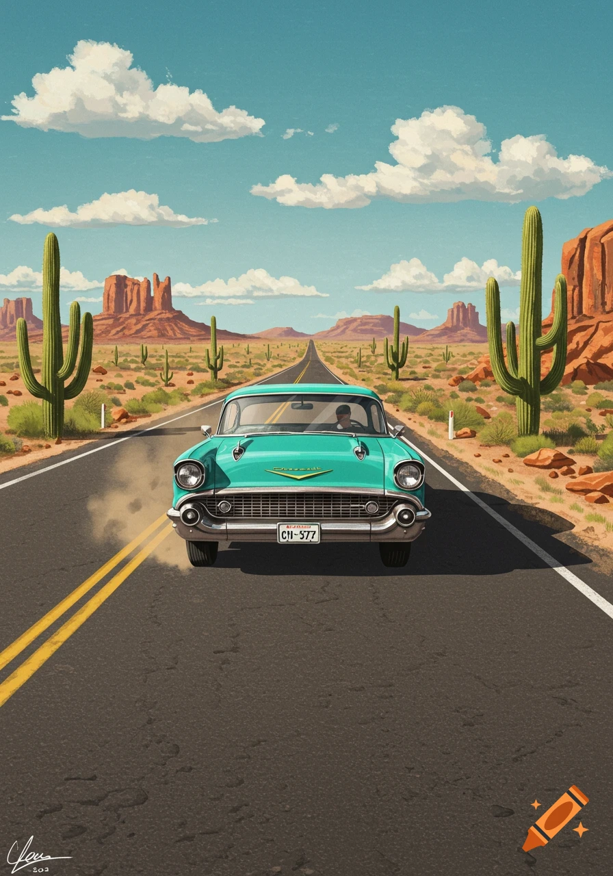 A vintage teal car drives down a desert road, flanked by saguaro cacti and red rock mesas under a blue sky, in an illustrated style.