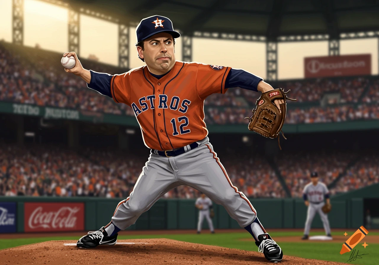 Caricature of George Costanza pitching for the Houston Astros in a baseball stadium. He wears an orange jersey with "ASTROS 12" and an Astros cap.