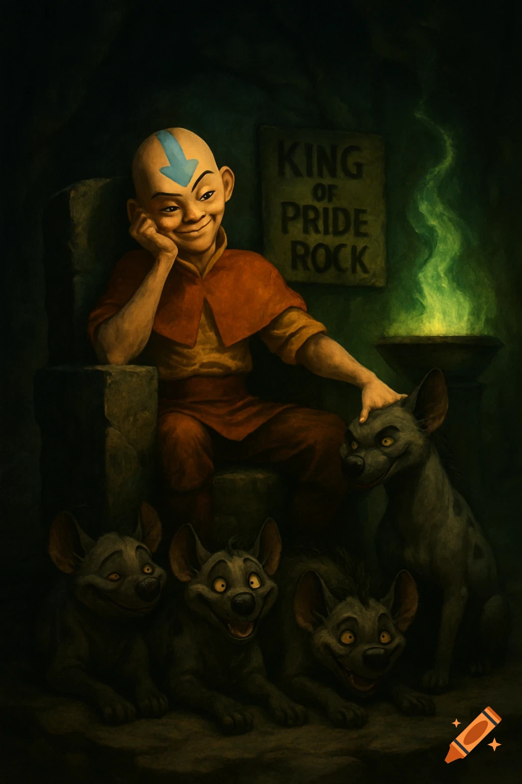 Aang, from Avatar, sits on a stone throne, surrounded by hyenas in a dim cave with green fire and a 'KING OF PRIDE ROCK' sign. Painterly style.