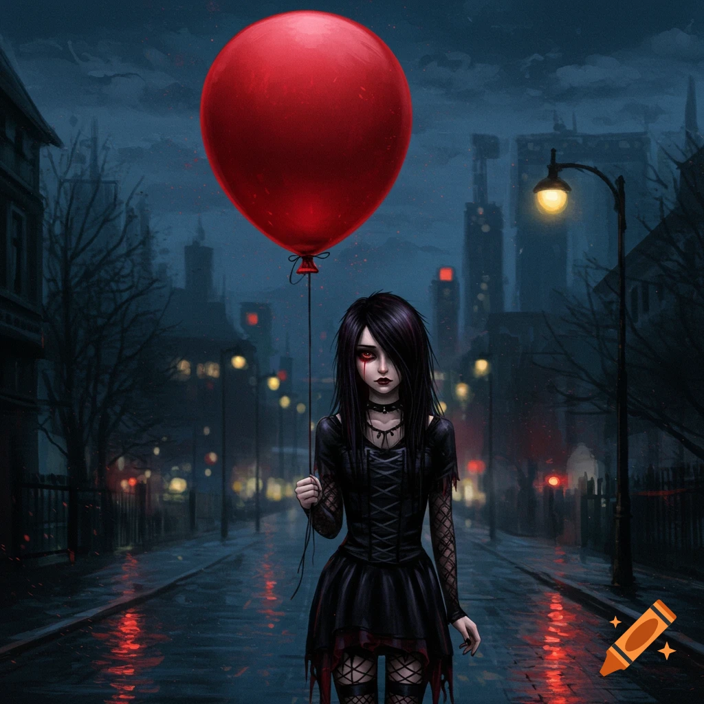 A stylized emo girl with dark makeup and attire holds a large red balloon on a dark, wet city street at night.
