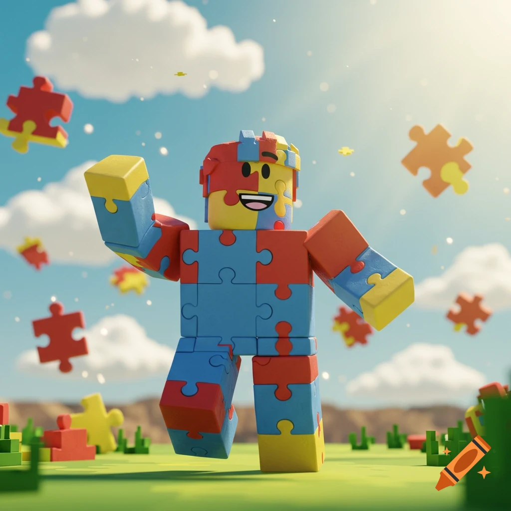 A playful Roblox-style character made of colorful jigsaw puzzle pieces stands in a grassy field with floating puzzle pieces and clouds.