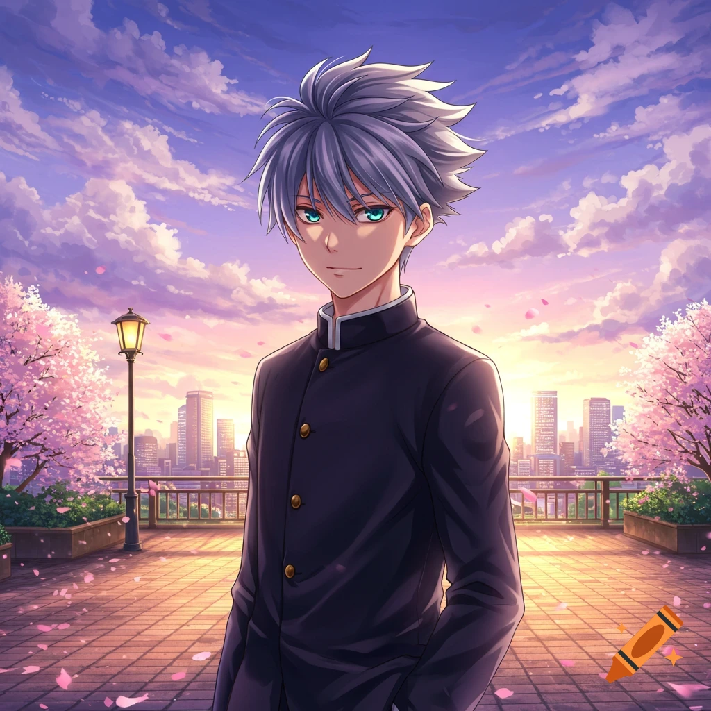 An anime boy with silver hair and blue eyes wears a black school uniform in a cityscape with cherry blossoms under a sunset sky.